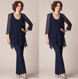 Suits Exquisite Dark Navy Mother of the Bride Groom Pants Suits with Jacket Chiffon Mother Groom Pants robe de mere de mariee For Weddin