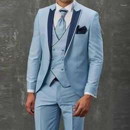 Men's Suits Sky Blue Elegant Men Smart Casual Slim Fit Blazers Hombre High Quality Custom 3 Piece Set Jacket Pant Vest Costume Homme