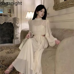 Casual Dresses Gaganight Women Heavy Industry Semi High Collar Slim Waist White Dress 2024 Spring French Style Gentle Sweet Long