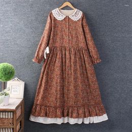 Casual Dresses Spring Sweet Japanese Style Small Fresh Retro Floral Dress Women Double Pockets Long Sleeve Midi Z2179