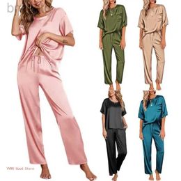 Women's Sleep Lounge Silk Pajamas Womens Short Sleeve Sleepwear Soft Satins Shirt Top and Long Pants Set 2 Piece Pj Loungewear S-XXL Gifts d240419