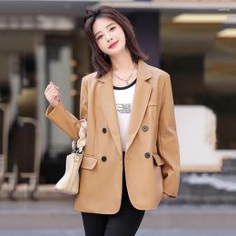 Women's Leather Women Spring Autumn Jacket Elegant Fashion Suit Collar Loose Sheepskin Blazer Office Lady Coat Split
