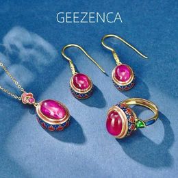 Pendant Necklaces GEEZENCA Red Corundum 925 Silver Enamel Earrings Pendant Ring For Women Vintage Luxury Gold Plated Jewellery Sets Without Chain 240419