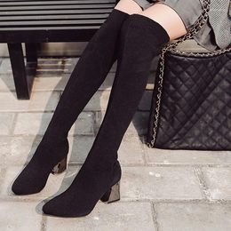 Boots Over The Knee Women Temperament High Heel Fashion Elastic Slip On Long Autumn Winter Ladies Shoes