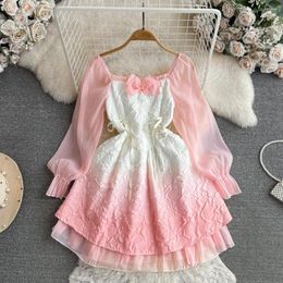 Casual Dresses Square Neckline Waist Shows Thin A-line Bow Tie Dress Princess Puffy Girl's Sweet Bubble Sleeve Flower Bud Short