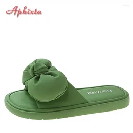 Slippers Aphixta 2024 Green Summer Women Comfortable Bow Appliques Flower Flat Heel Shoes Outdoor Open Toe Flip Flops Sandals