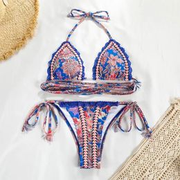 Sexy High Cut Blue Floral Bikini Sets Underwire Swimsuits for Women Push Up 2 Piece Bathing Suits 240416