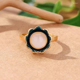 Cluster Rings Classic Design Broad Flower Ancient Gold Craft For Women Enamel Luxury Natural An Jade Retro Style Jewellery Adjustable