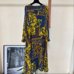 womens dress silk floral printed long sleeved V-neck midi dress