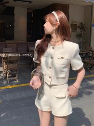 Korean Fashion Tweed Shorts Two Piece Set Short Sleeve Jacket and Elegant 2 Sets Outfits 240412