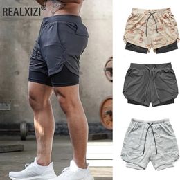 Mens Gym Sports Shorts Jogging Running Breathable Fitness Exercise Double Layer Shirt HiddenPocket Casual Camouflage Shorts 240409