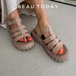 Sandals BeauToday Platform Sandals Women Open Toe Slingback Ankle Buckle Strap Genuine Leather Casual Outdoor Summer Female Shoes 38201 240419