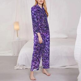 Home Clothing Lavender Glitter Print Sleepwear Spring Purple Bling Vintage Oversized Pyjamas Set Lady Long Sleeves Y2K Daily Graphic Suit