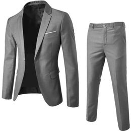 1 Set Men Blazer Pants Long Sleeve Slim Fit Turndown Collar Temperament One Button Pockets Suit Clothes 240408