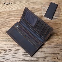 Wallets Nzpj Vintage Leather Men's Wallet Mad Horse Leather Long Cell Phone Bag First Layer Cowhide Multicard Id Bag