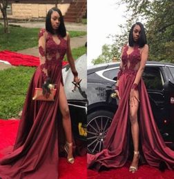 Sexy Split Burgundy Long Sleeve Evening Dresses Illusion Sheer Lace Saudi Arabia African 2018 Party Prom Dresses Pageant Gown Robe5291447