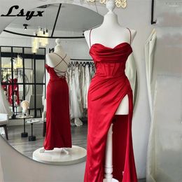 Party Dresses LSYX Sexy Spaghetti Straps Cowl Neck Sleeveless Mermaid Prom Dress Satin Plain High Side Slit Backless Ankle Length Evening