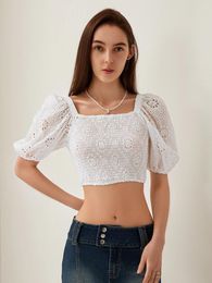 Women's T Shirts Wsevypo Chic Summer Flower Hollowed Crochet White T-Shirts Fashion Puff Short Sleeve Square Neck Crop Tops For Daily