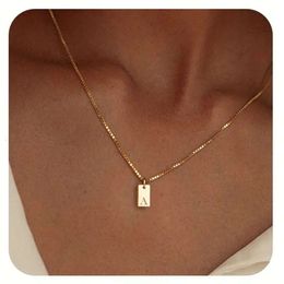 English Carving Geometric Metal Letters Square Pendant for Women Necklace Copper Plated with K Gold