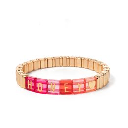 2024 Design Customized Name Enamel Bracelets For Women 2x8mm Gold Color Beaded Elastic Bangle Couple Bracelets 240323