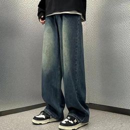 Men's Jeans Men Gradient Contrast Colour Wide Leg Long Blue Loose Retro Hip Hop Straight Full Length Pockets Male Denim Trousers