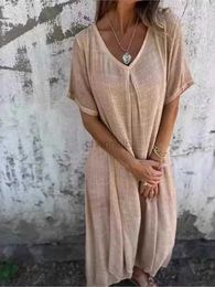 Basic Casual Dresses Summer New Casual Dress Fashion Women Solid Loose V Neck Short Sleeve Office Beach Party Dresses For Woman Elegant Holiday Dress 240419