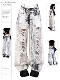 Women's Jeans Women White Ripped Baggy Harajuku Oversize Denim Trousers Y2k Wide Jean Pants Vintage Aesthetic 2000s Trashy Clothes 2024