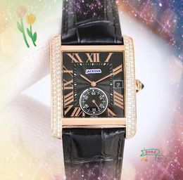 President cool mens square roman tank dial watches day date time shiny starry clock japan quartz movement two line diamonds ring bracelet sub dial working watch gifts