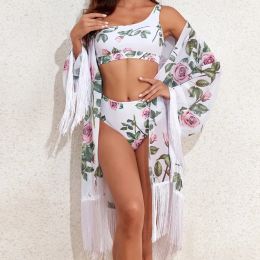 Wear 2024 Women's Swimwear New European and American Bikini twopiece set, printed long sleeved tassel cover up one piece hot spring sw