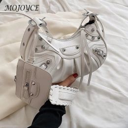 Buckets 2 Pcs/set Rivets Design Armpit Crossbody Bag Half Moon PU Leather Messenger Handbag 2022 Winter Punk Style Vintage Shoulder Bags