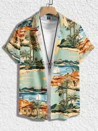 Men's Casual Shirts Seaside Beach Palm Tree Print Design Men Women Lapel Shirt Side Short Sleeve Button Fashion Top