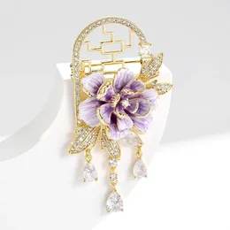 Brooches Classical Enamel Peony Flower Brooch Zircon Tassel For Women Cheongsam Accessories Chinese Style Window Pin