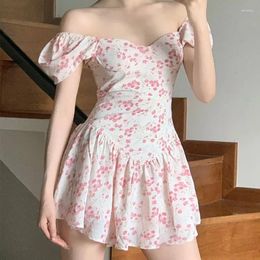 Women's Swimwear Summer Printed Slim Fashion Bikinis Set 2024 Korean Sexy Slash Neck Swimwears One-Piece High Waist Swimdress Female