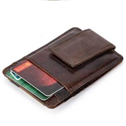 Clips Oil Wax Cowhide Men Money Clips ID/Credit Card Purse Pocket Genuine Leather Magnetic Retro Slim Mini Card Holer Wallets