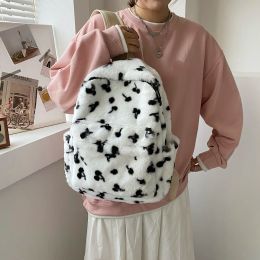 Backpacks Cute Milk Cow Pattern Aesthetic Backpacks Women Plush School Bag Fluffy Cartoon Rucksack Soft Stuff Handbag Student Book Bag