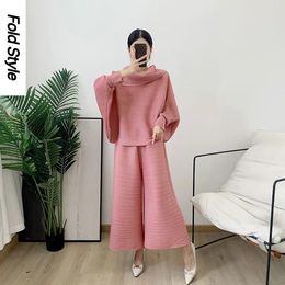 Work Dresses Pleated Set 2024 Spring And Autumn Polo Neck Top Horizontal Wide Leg Straight Trousers Two Piece For Women