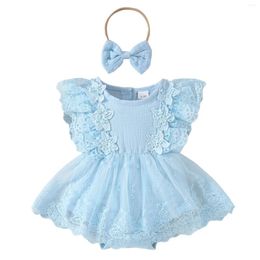 Girl Dresses Born Baby Girls Flower Romper Dress Flying Sleeve Embroidery Mesh Lace Tutu Jumpsuit With Headband For Birthday Party