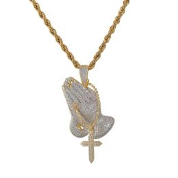 Necklaces Hip Hop zircon Men Jewellery Praying Hands And Cross Necklace With Wheat Chain For Men 18K Gold Plated