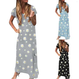 Casual Dresses Women's Daisy Print Deep V Neck Short Sleeve Wrap Maxi Dress Split Loose