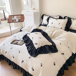 Bedding Sets Shabby Chic Ruffles Cotton Flowers Embroidery Set For Girls Soft Duvet Cover Bed Sheet Pillowcases 4pcs