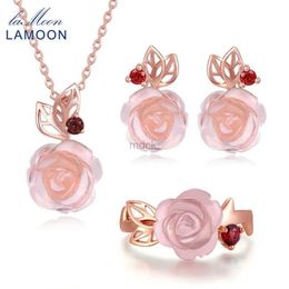 Pendant Necklaces LAMOON Flower Rose Sterling Silver 925 Jewelry Sets Rose Quartz Gemstones 18K Rose Gold Plated Fine Jewelry silver set V033-1 240419