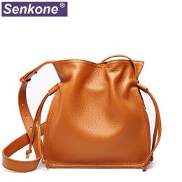 Bags 2022 New Women Bags Genuine Leather Fashion Crossbody Bag Korean Style Small Bucket Bag Female String Shoulder Bags Solid Colour