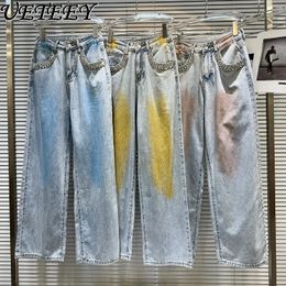 Women's Jeans Streetwear Baggy Pants 2024 Spring Girl Rhinestone Beaded Pocket Women Heavy Industry Tie-Dyed Y2k Wide Leg