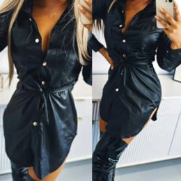 Casual Dresses 2024 Autumn Women's Clothing Solid Color Polo Collar Single Row Button Belt Long Sleeve Leather Skirt