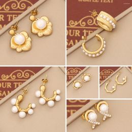 Stud Earrings 316L Stainless Steel C-shape Pearls Flower For Women Girl Fashion Ear Needle Non-fading Jewelry Gift