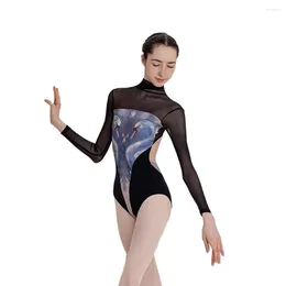 Stage Wear Ballet Costume Leotard For Black Silk Mesh Print Gymnastics Training Tight Clothes Performance Yoga