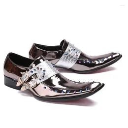 Dress Shoes Men Brogue Real Leather Business Formal Metal Crystal Slip On Wedding Prom Plus Size Silver