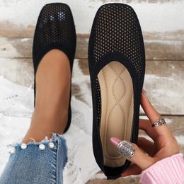 Casual Shoes 2024 Summer Square Headed Mesh Breathable Hollow Shallow Mouth Comfortable External Wear Large Single For Women