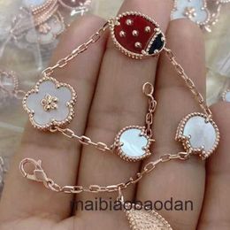 Designer 1to1 Bangle Luxury Jewellery High version Fanjia Clover Ladybug Bracelet 18k Rose Gold Double sided Red Jade Lucky Bracelet