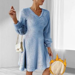 Casual Dresses Autumn Winter Women Dress Thick Plush V Neck Long Sleeve Solid Color A-line Loose Hem Warm Pullover Knee Length Lady Midi